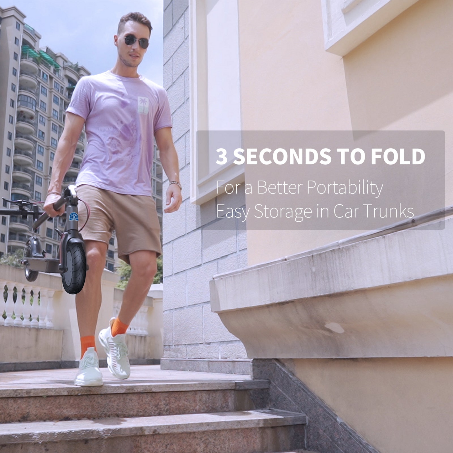 A man walks down a staircase holding a folded Hiboy - S2 Pro Electric Scooter. Text reads: "3 SECONDS TO FOLD. Perfect for daily commuting. Easy Storage in Car Trunks.