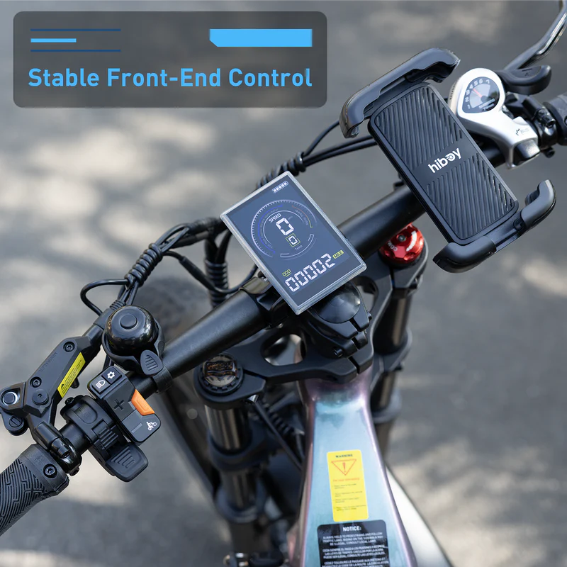 Handlebars of the Hiboy EX11 commuter electric bike, featuring a digital display, phone holder, and control buttons, with a label that reads "Stable Front-End Control.