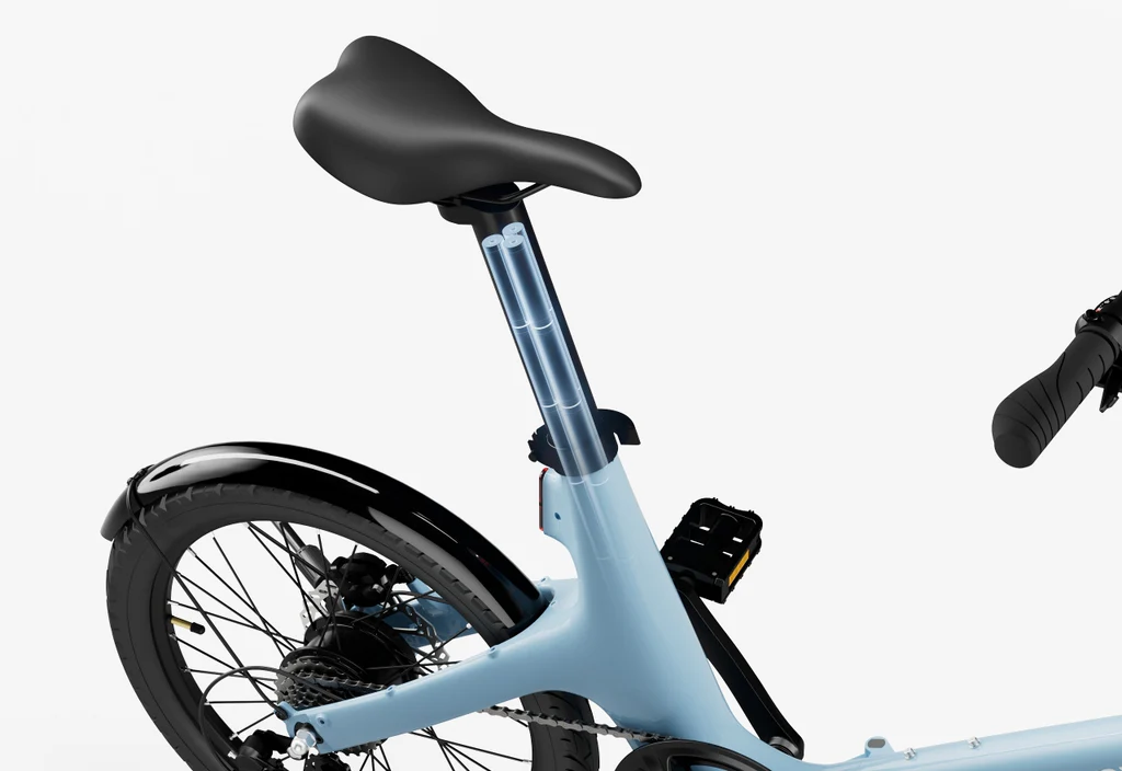 Close-up of the Urtopia - Carbon Fold Step-Thru e-bike by Urtopia in light blue, showing the seat, seat post, rear wheel with fender, pedal, and handlebar against a white background.