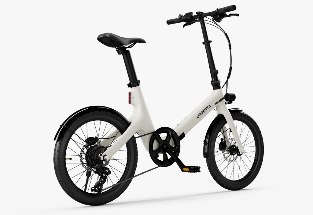 The Urtopia Carbon Fold Step-Thru by Urtopia is a lightweight electric bike with a white folding frame and black wheels, pedals, seat, and handlebars, displayed against a plain white background.