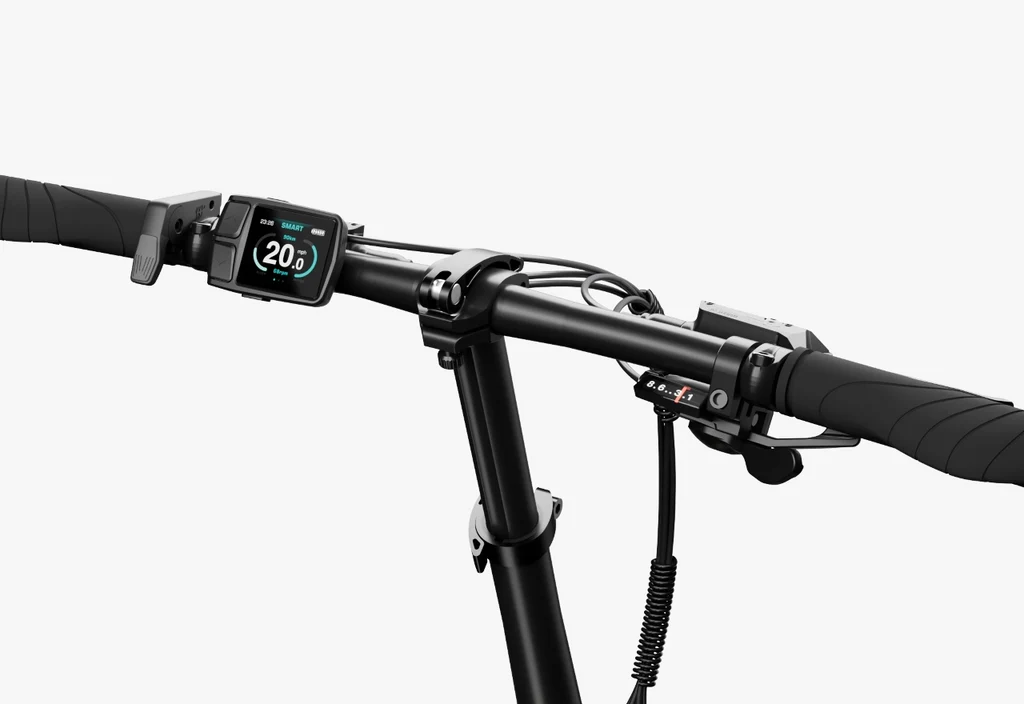 Close-up of the Urtopia - Carbon Fold Step-Thru electric bike handlebar by Urtopia, showcasing a digital display with speed, handlebars, brake lever, and control panel against a plain background.