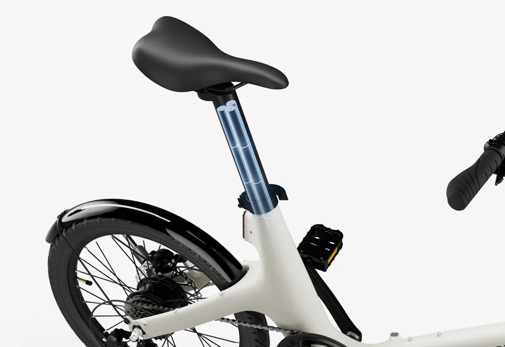 Close-up of the Urtopia - Carbon Fold Step-Thru's seat and seat post, showing a partially exposed internal mechanism on the white lightweight frame with black fender and rear wheel visible.