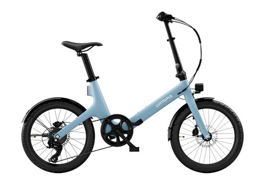 The Urtopia Carbon Fold Step-Thru e-bike by Urtopia is light blue with a black seat, handlebars, and tires, displayed from the side on a white background.