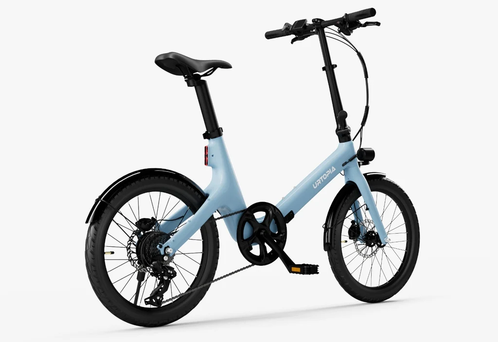The Urtopia Carbon Fold Step-Thru e-bike by Urtopia features a light blue frame with black handlebars, seat, and wheels, displayed against a white background.