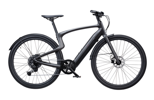 The Urtopia Carbon 1 Pro is a modern black eBike with a sleek design, featuring thick tires, a curved carbon fiber frame, and a minimalist seat.