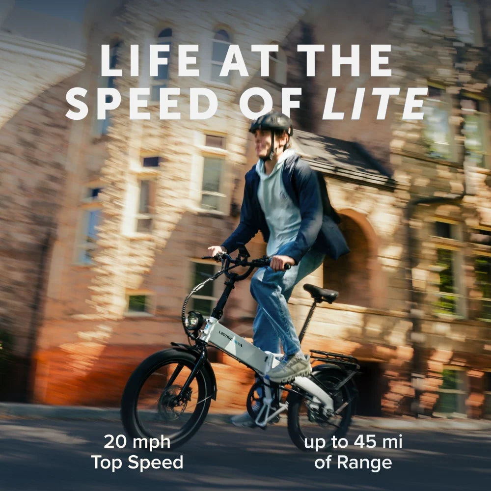 Lectric XP Lite3 Arctic White riding lifestyle, up to 45-mile standard battery range at Tampa Bay eBikes