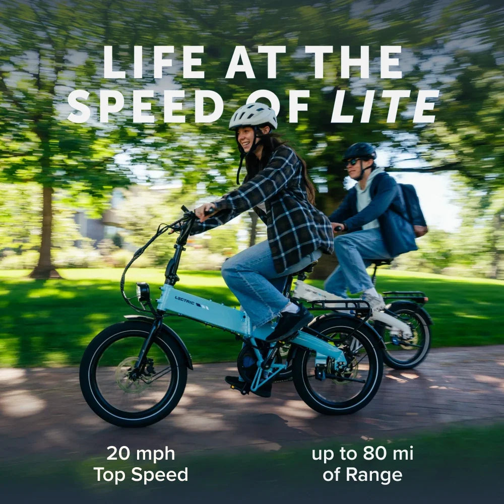 Lectric XP Lite3 Blue Mist riding lifestyle, up to 80-mile long-range battery range at Tampa Bay eBikes