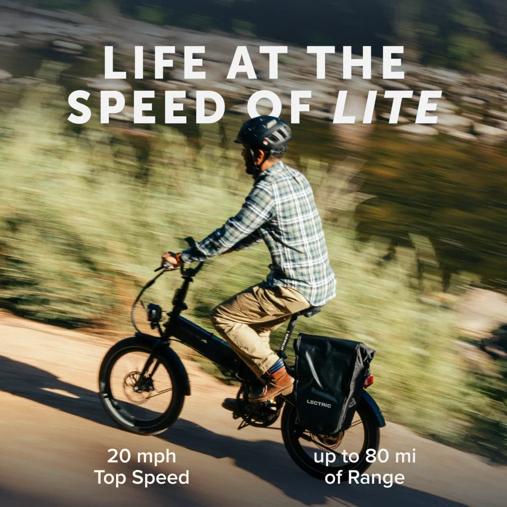 Lectric XP Lite3 JW Black riding lifestyle, up to 80-mile long-range battery range at Tampa Bay eBikes