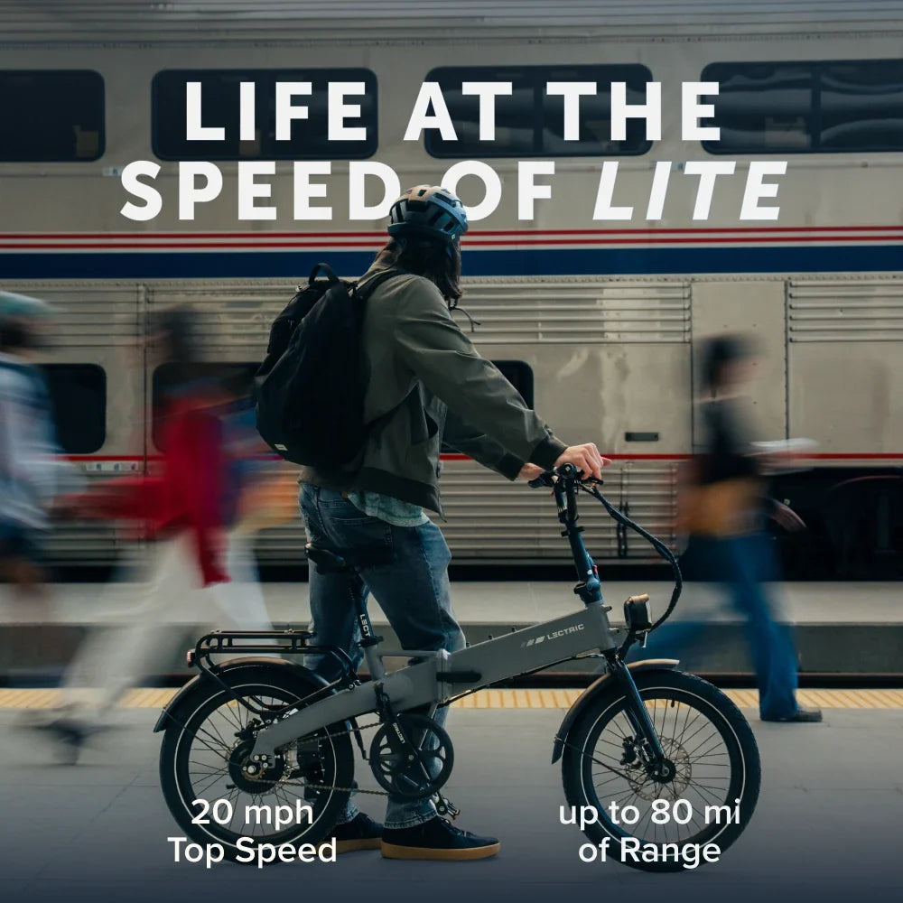 Lectric XP Lite3 Matte Grey riding lifestyle, up to 80-mile long-range battery range at Tampa Bay eBikes