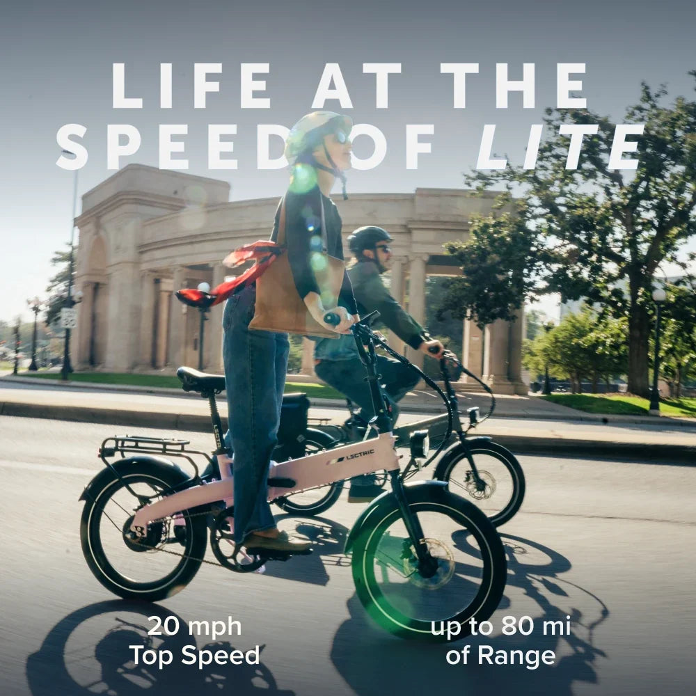 Lectric XP Lite3 Matte Lavender riding lifestyle, up to 80-mile long-range battery range at Tampa Bay eBikes