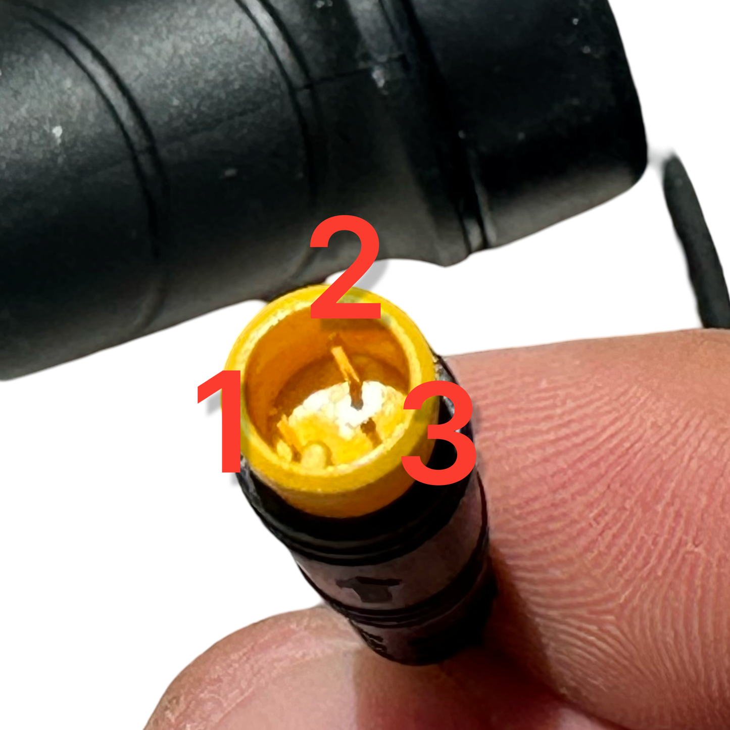 Close-up of a hand holding ElectricAllWheel’s Right Hand Half Grip Twist Throttle (Lectric/AIPAS Fit), showing its yellow 3-pin Julet connector with numbered pins, ergonomic grips, and Lectric harness compatibility.