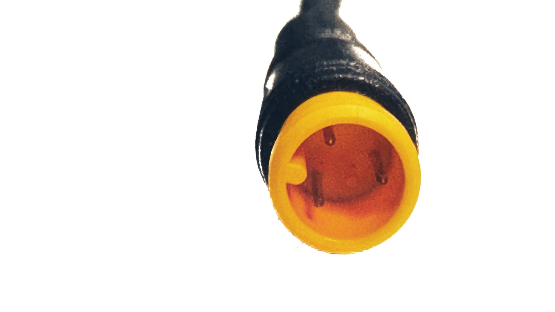 Close-up of the ElectricAllWheel Thumb Throttle Conversion Kit (Lectric/AIPAS Fit) electrical connector, featuring a black and yellow circular design with four metal pins and ergonomic grips, viewed from the end on a white background.