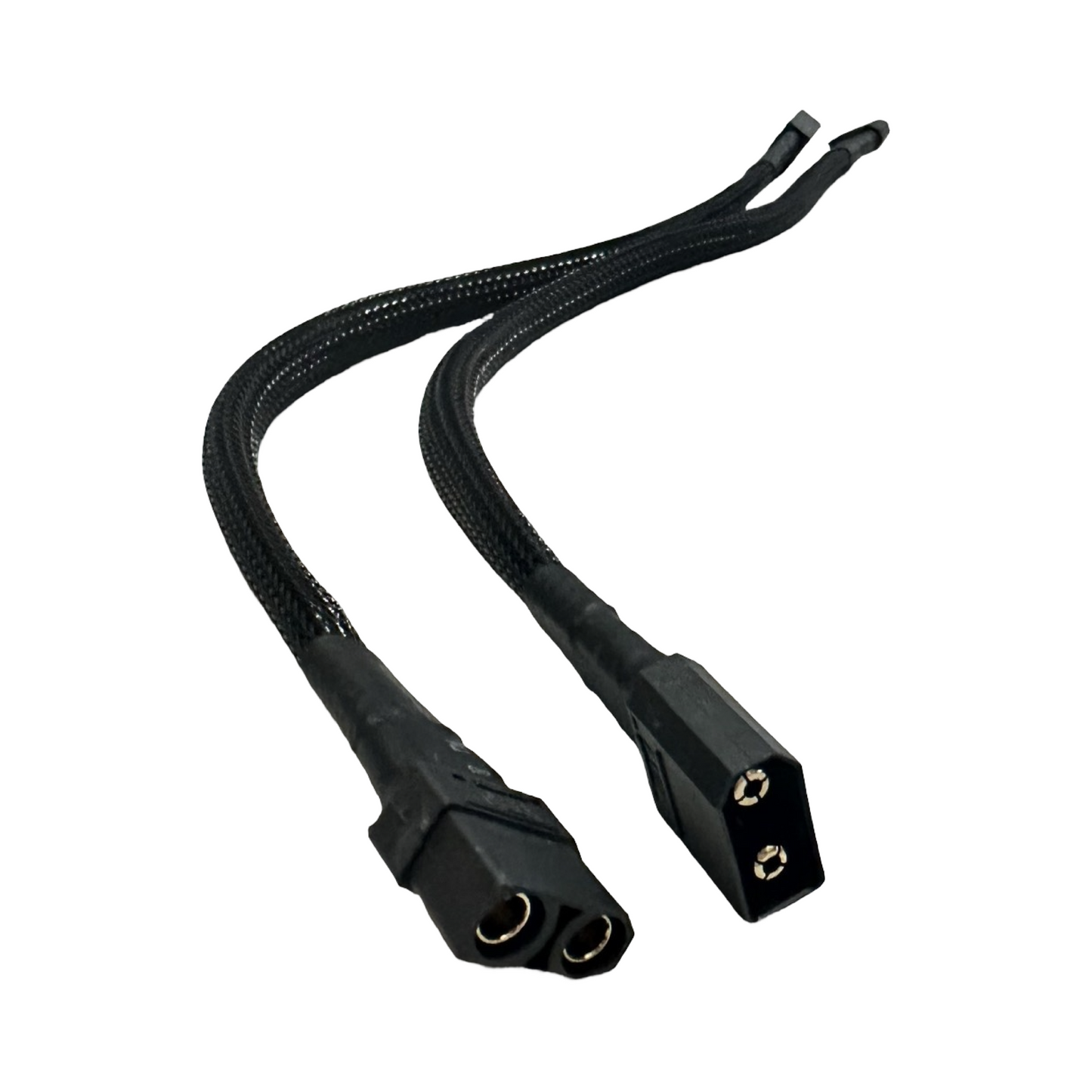 The ElectricAllWheel 60A Dual Battery Discharge Balancer Kit (12AWG, XT90 Connector, XT90-XT60 Adapters M/F) includes black braided Y-splitter power cables with two female and one male connector for e-bike range extenders.