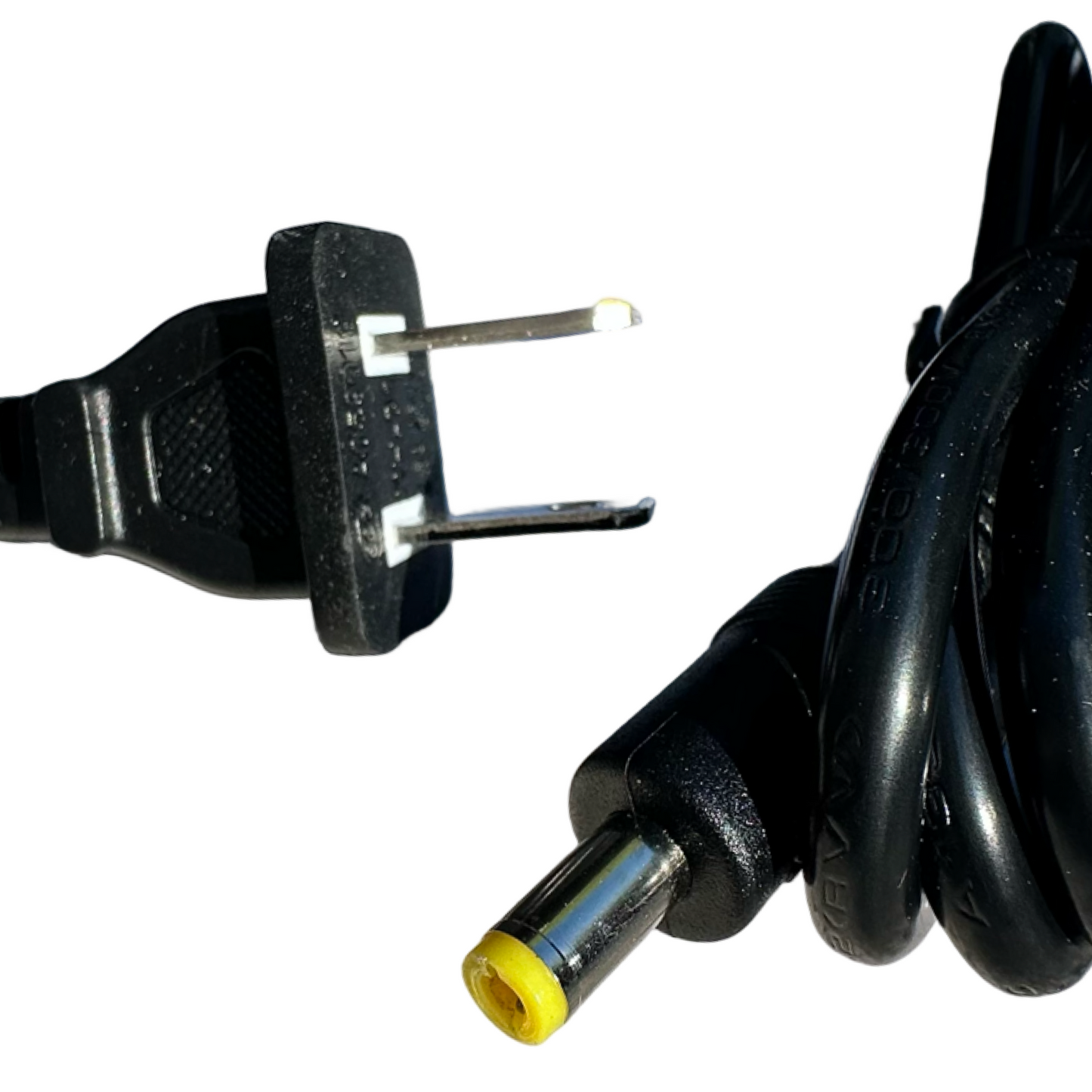 Close-up of ElectricAllWheel’s 60V 3A E-Bike Battery Charger (DC) (67.2V output) with Reention Mini 3-Pin to DC Adapter, showing black two-prong plug and barrel connector, suitable for 110V input; shown on white background.