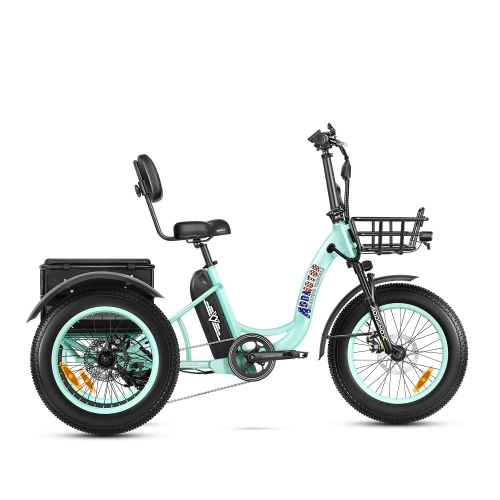 The Addmotor - Triketan M330 II is a light blue electric tricycle featuring a comfortable seat, backrest, front basket, and a storage box at the rear. Powered by an Addmotor 48V Motor, it also offers 7 Level Pedal Assist for an easy and enjoyable ride.