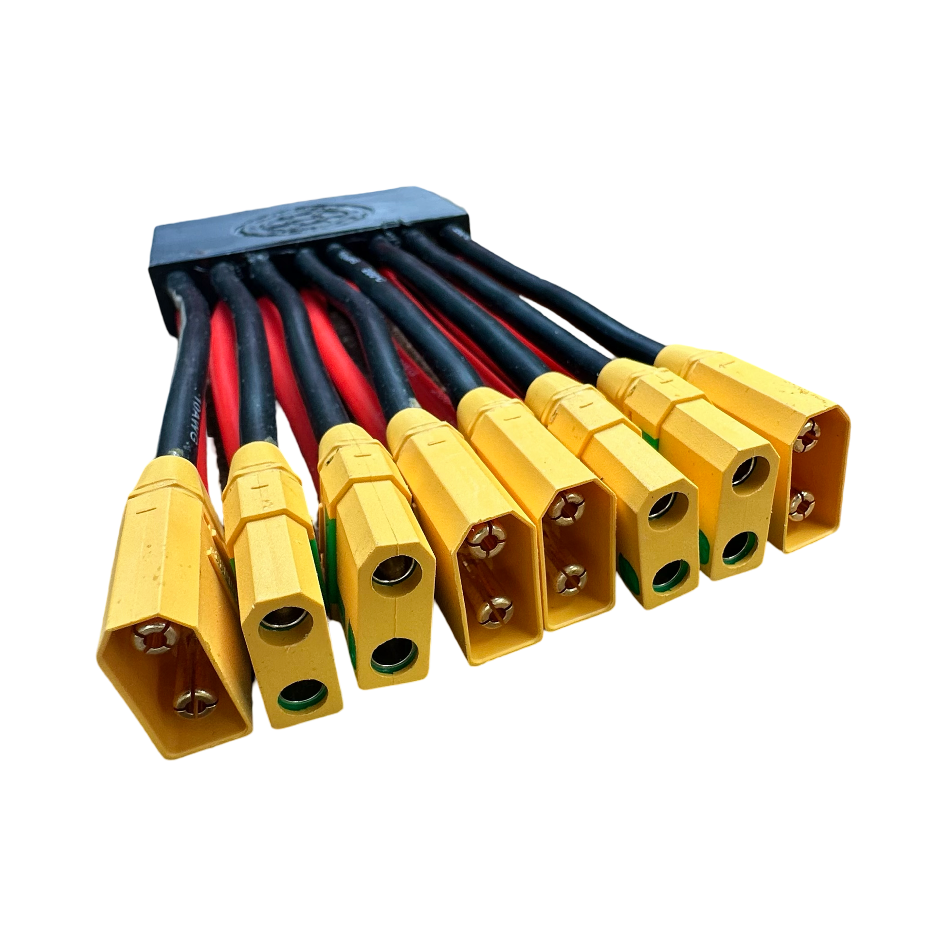The ElectricAllWheel DateX2 Dx4 60A (90A Max) Universal Discharge Balancer features four battery inputs and four outputs, with yellow XT60 connectors and thick black/red wires—ideal for electric bike battery combining.