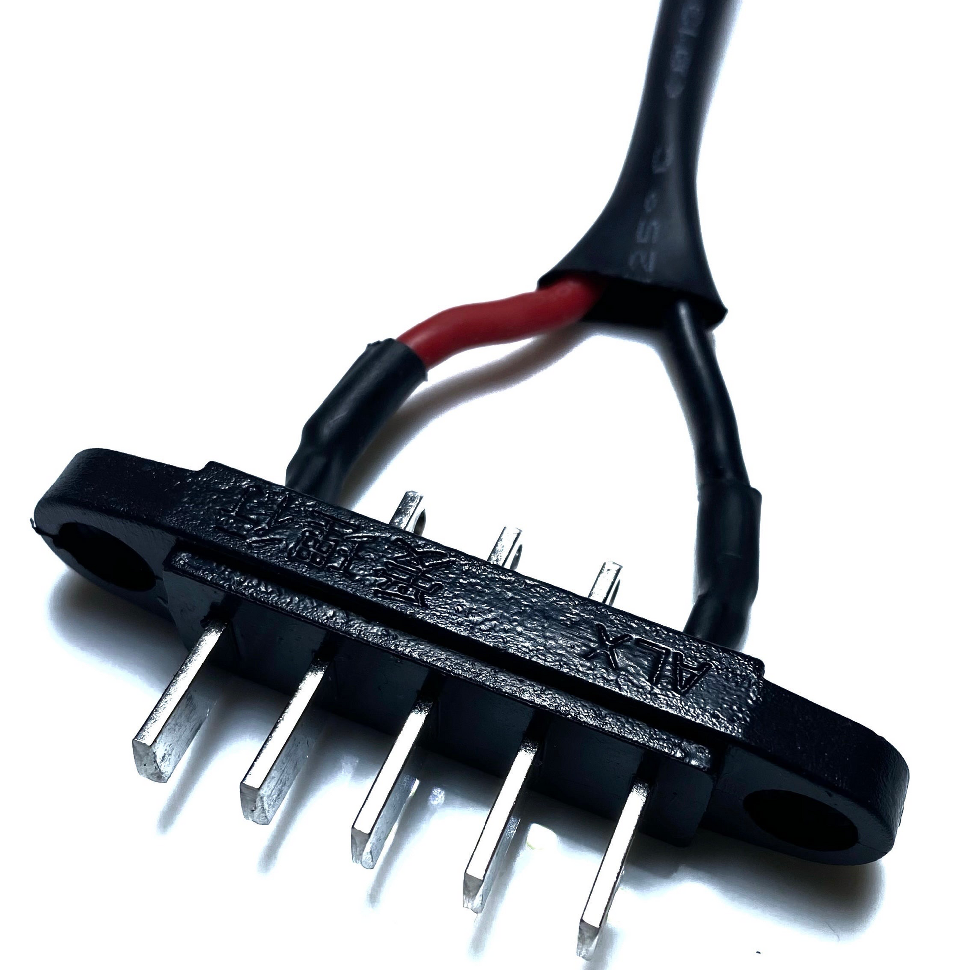 Close-up of the ElectricAllWheel Factory External Battery XT60 Adapter for Lectric Fit 1.0, 2.0, 3.0, and Lite e-bikes—featuring a black connector with four metal prongs and insulated wires—set against a white background.