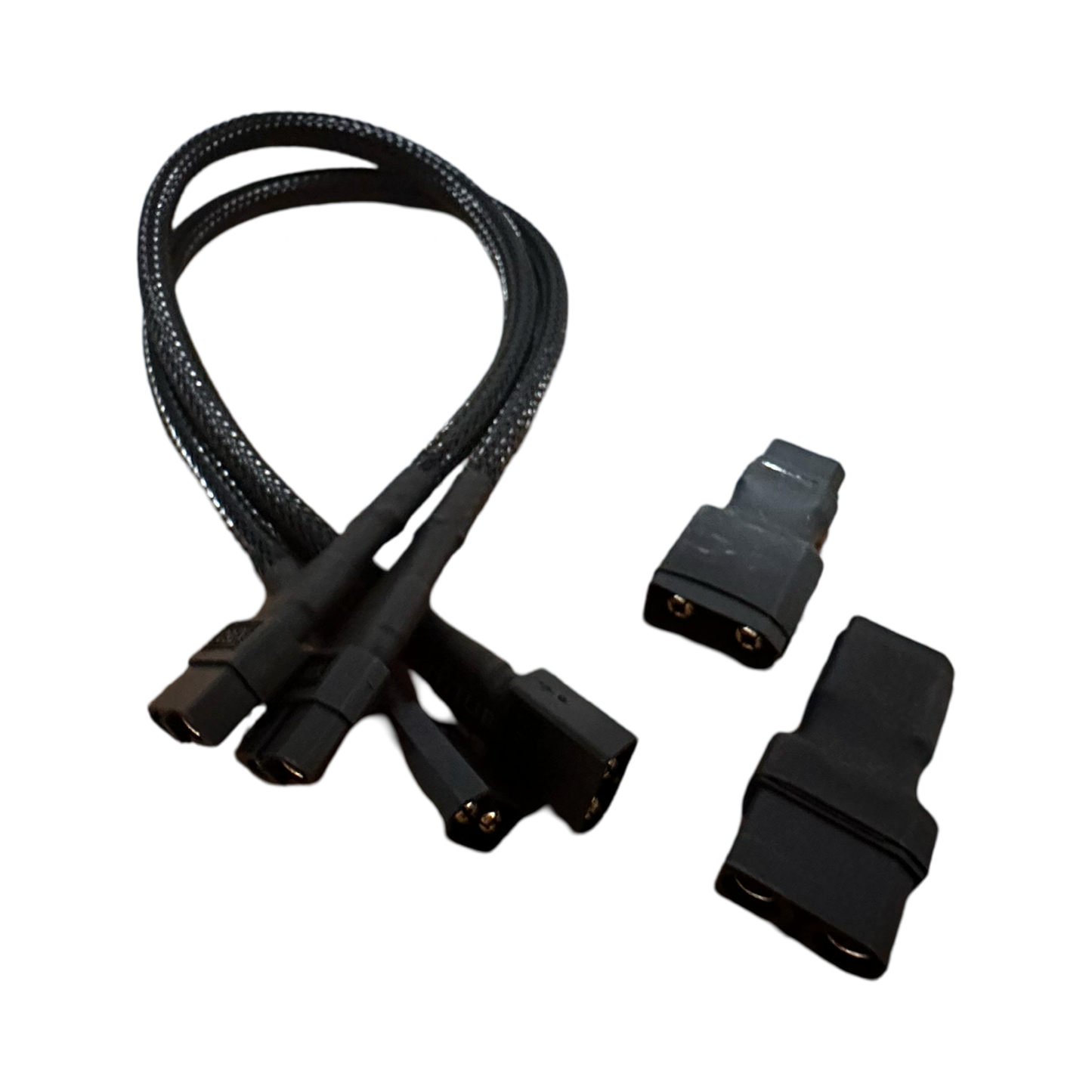 The ElectricAllWheel Premium (12AWG) XT60 Extension Cables set includes three black sleeved cables with rectangular connectors and two black plastic XT60-XT90 adapters, all shown on a white background.