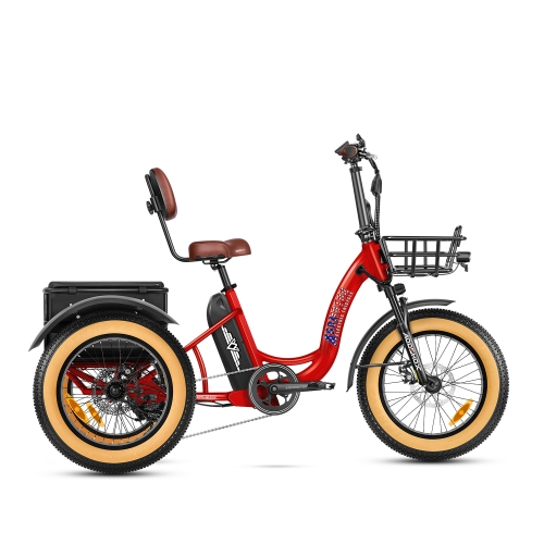 The Addmotor - Triketan M330 II is a red three-wheeled electric bicycle featuring an Addmotor 48V Motor, large tires, a rear-mounted storage box, a front basket, and a brown padded seat and backrest. It also includes a 7 Level Pedal Assist for enhanced riding comfort and efficiency.