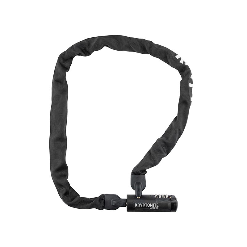 A black bike chain with a steel chain links and a Kryptonite Keeper 712 combination lock attached to it, providing enhanced security.