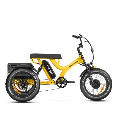 Addmotor - Herotri M-365X adult electric trike with a yellow frame and black details on a white background.