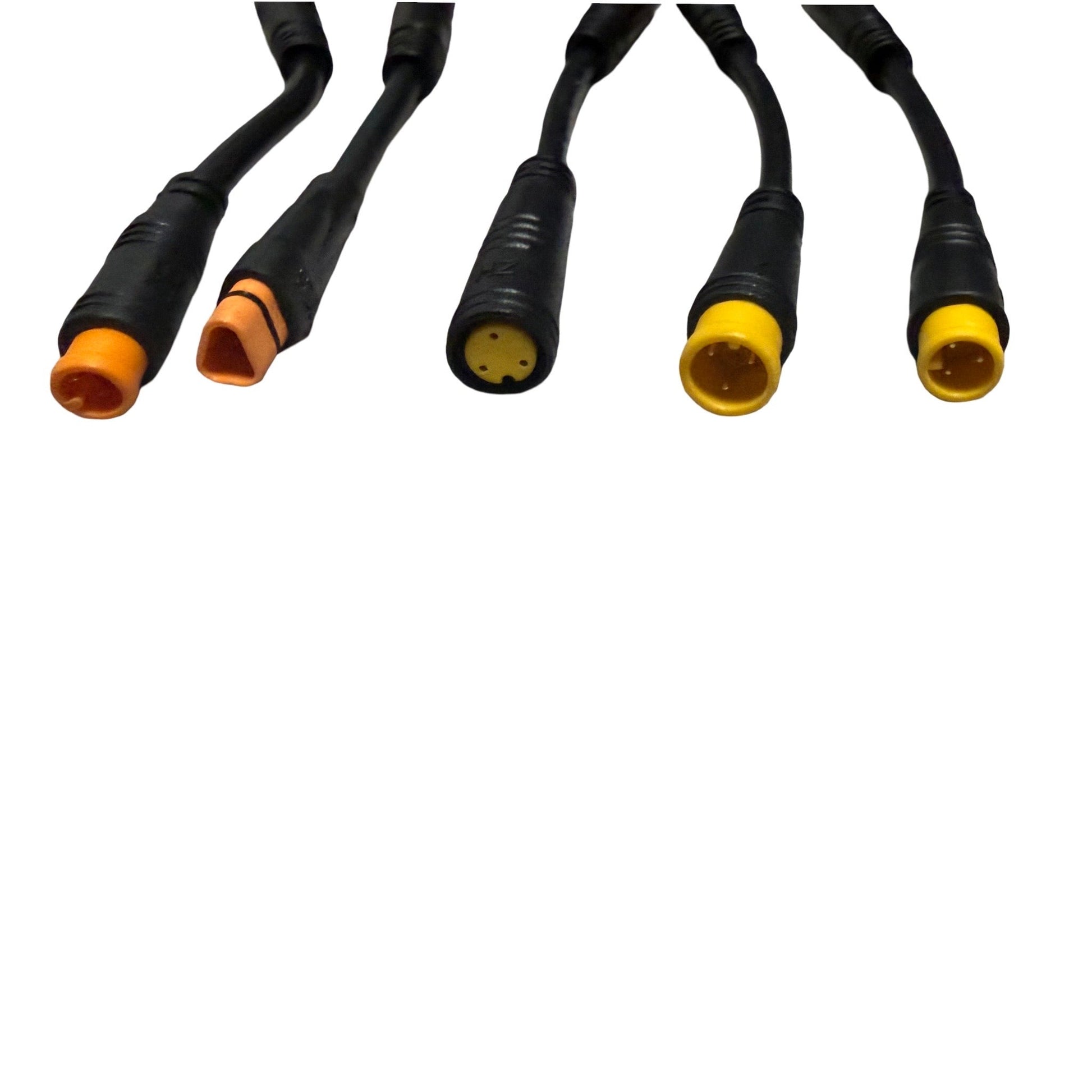Five black cables with differently colored and shaped connectors—three yellow cylindrical, one orange cylindrical, and one orange rectangular—are arranged in a row against a white background. The ElectricAllWheel Universal Throttle Harness (3-Pin) is ideal for universal e-bike throttle replacement or for use with 3-pin Julet connector systems.