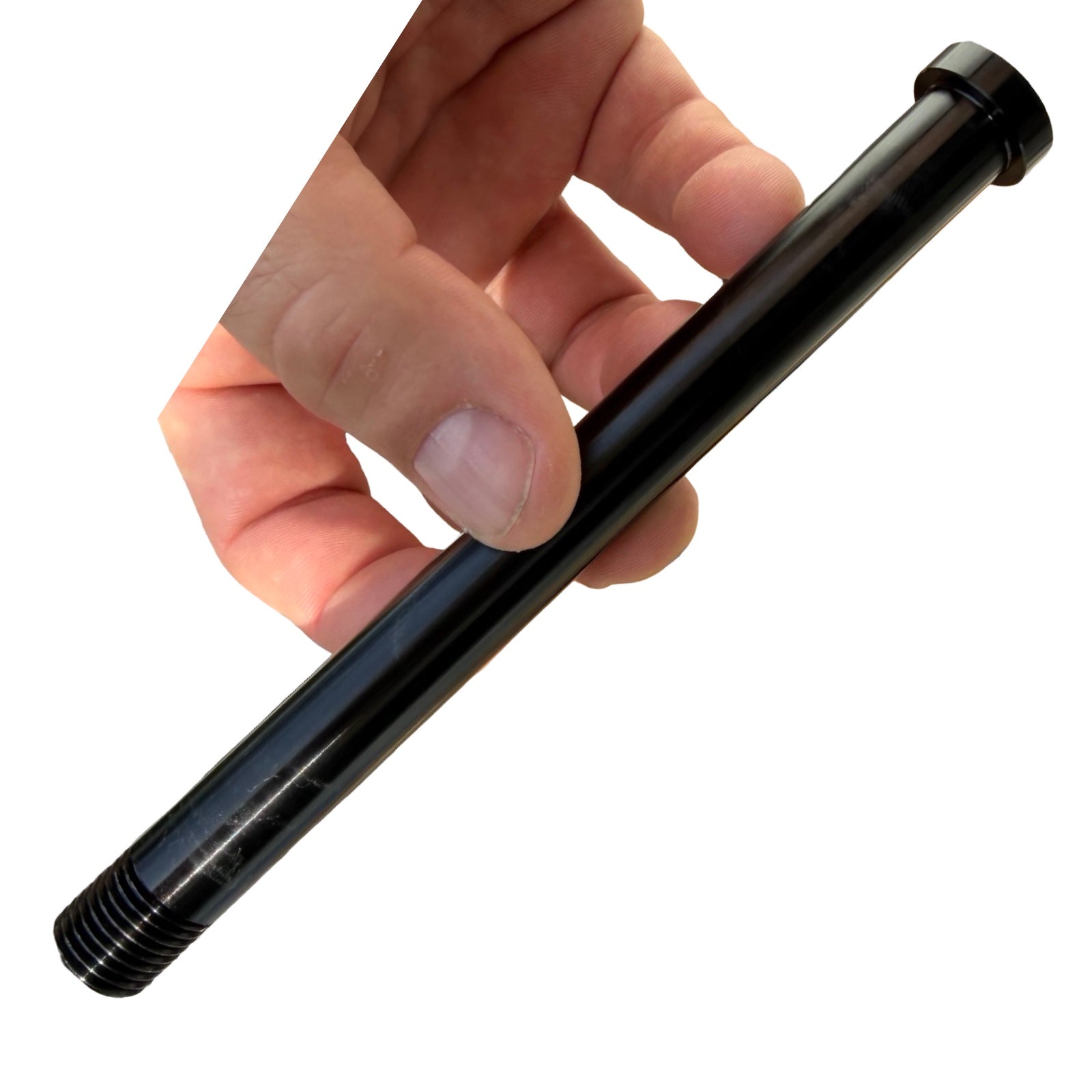 A hand holds a black, threaded metal rod—essential hardware from the ElectricAllWheel RST Guide Dual Crown Fork (26” Fat Tire) + Motorcycle Style LED Headlight Kit (12V, 2-pin Julet)—against a white background.