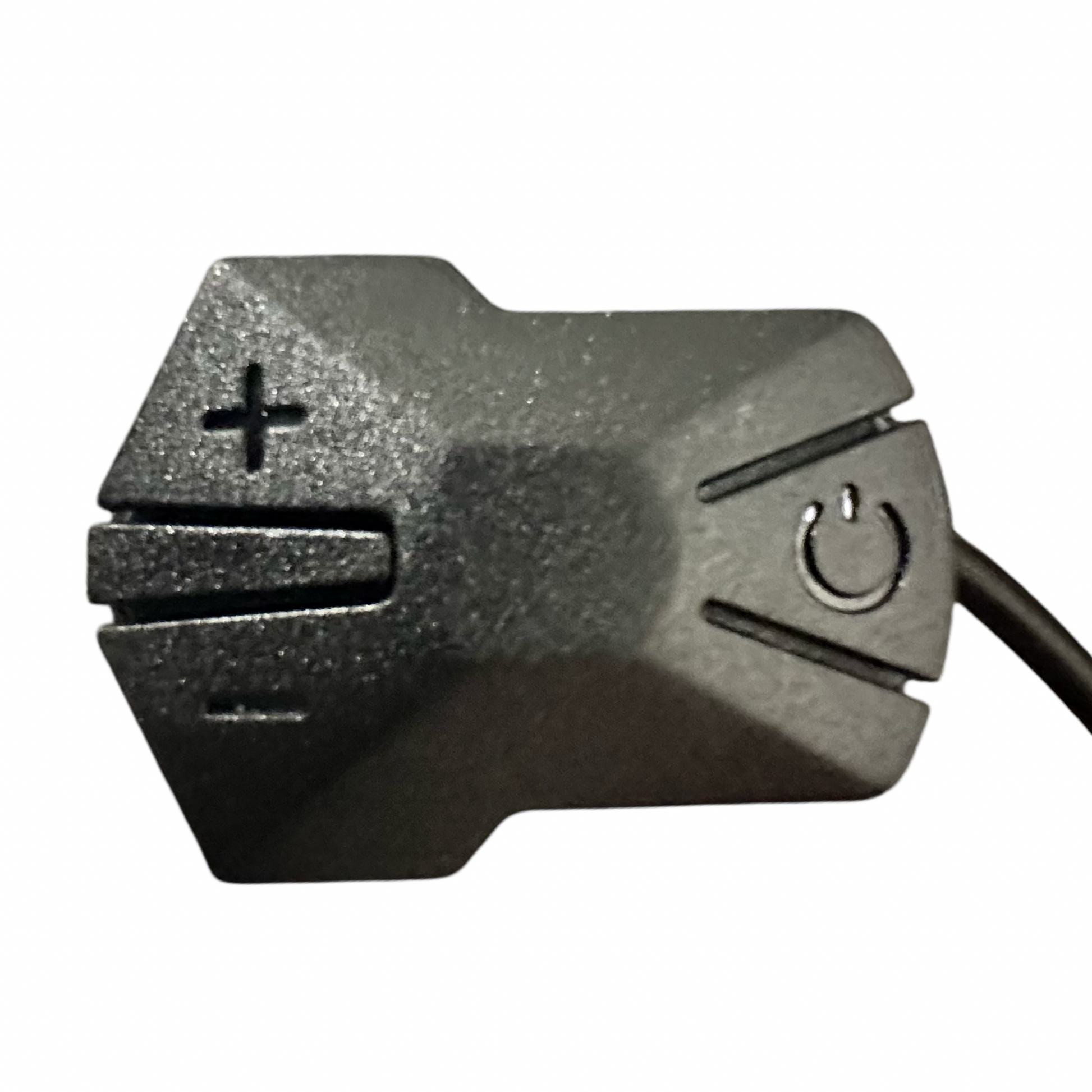Close-up of a black ElectricAllWheel Color Replacement Display (Lectric Fit) (Julet 5-pin) featuring plus, minus, and power buttons, a color screen, and a wire connected on the right side.