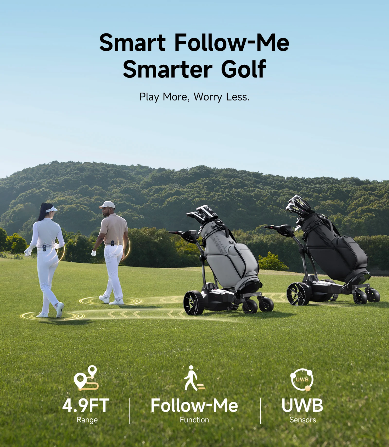 Two people walk on a Tampa Bay golf course as two Navee Birdie 3X auto-follow golf carts from Navee use follow-me technology to automatically travel behind them, carrying their bags.