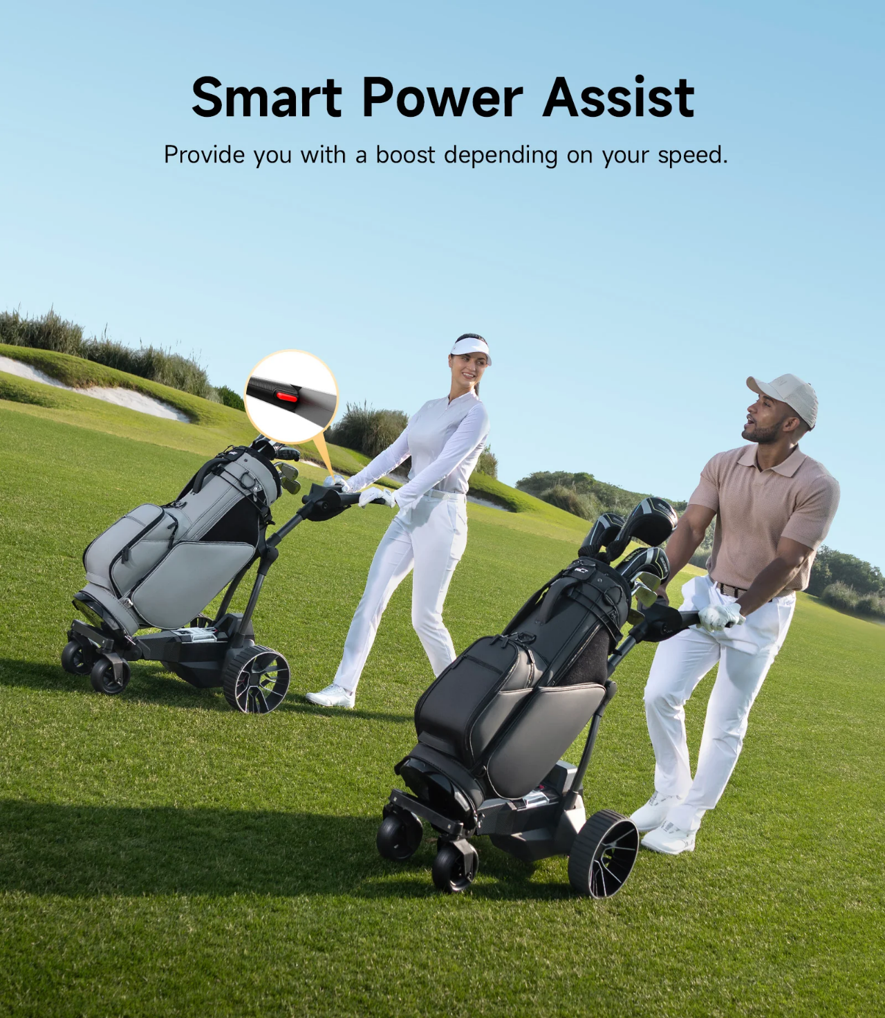 A man and woman walk on a Tampa Bay golf course, each pushing a Navee Birdie 3X electric golf push cart by Navee, with "Smart Power Assist" technology highlighted above them.