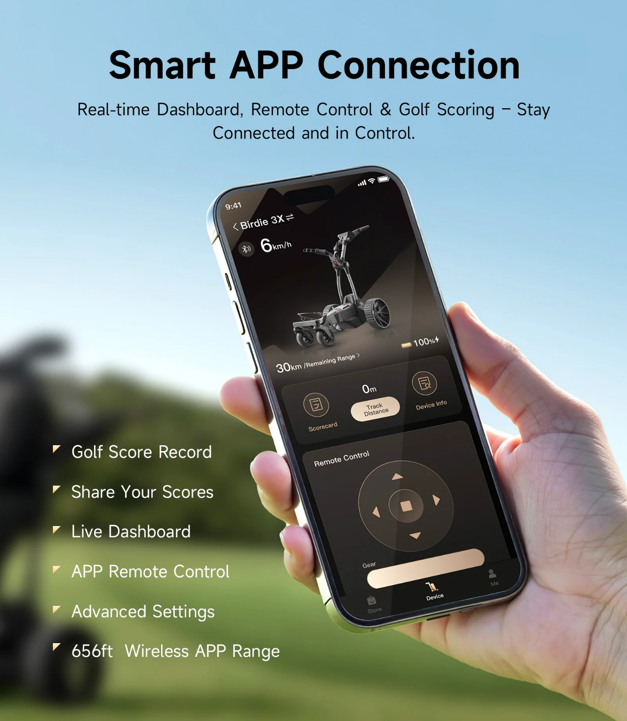A hand holds a smartphone displaying the Navee Birdie 3X app by Navee, offering dashboard, remote control, golf scoring, and advanced settings—ideal for navigating Tampa Bay golf courses with ease.