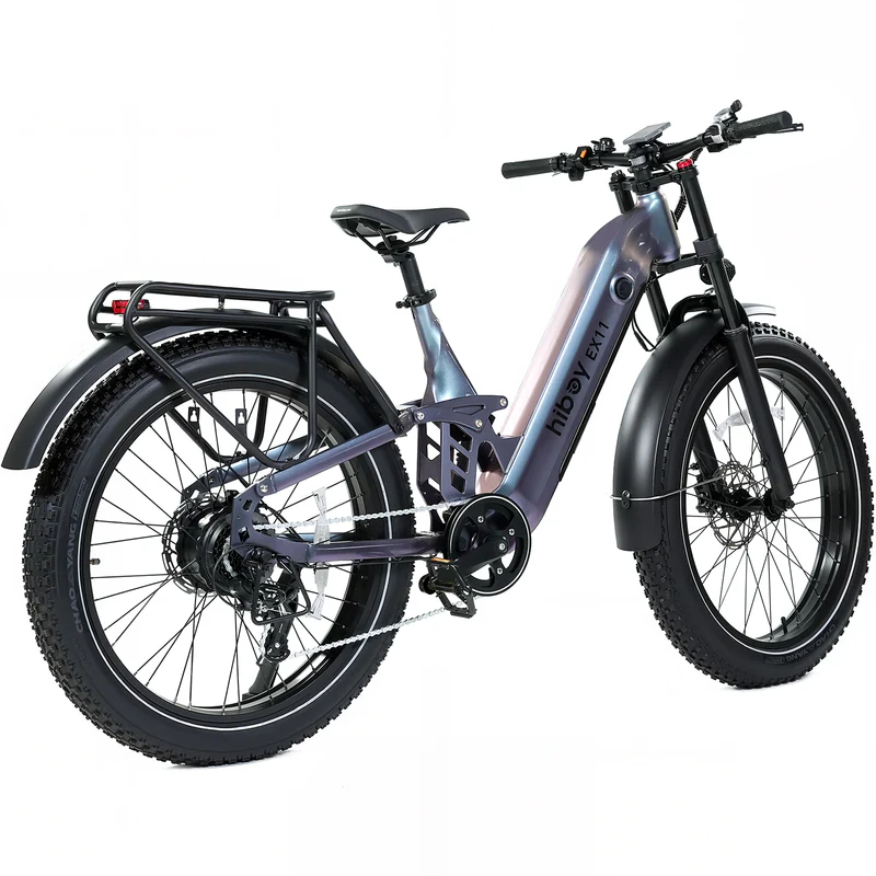 The Hiboy EX11 by Hiboy is an electric bike with a silver 750W motor, fat tires, step-through frame, rear cargo rack, front suspension fork, and black fenders on both wheels, displayed on a white background.