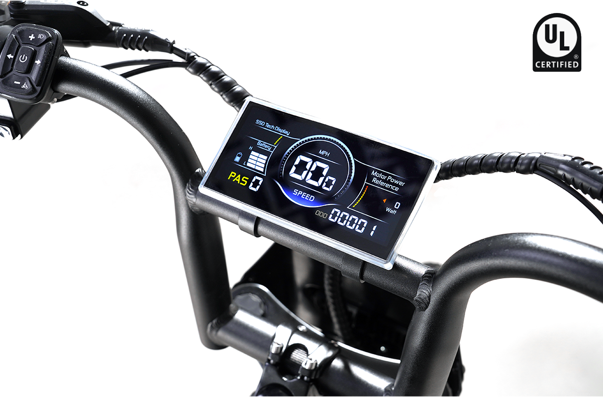 The Rictor - Flexx by Rictor features a digital display panel on its moped-style handlebars, showing speed, pedal assist level, battery status, odometer, and control buttons.