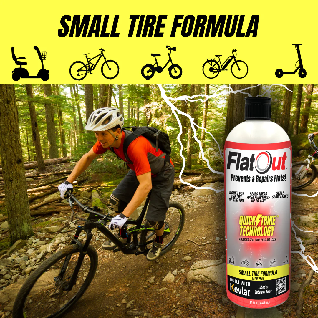 A cyclist riding in a forest. Overlay text reads "FlatOut - QuickStrike Small Tire 16oz". Foreground has a product by Multi Seal, described as QuickStrike Tire Sealant and preventer with Kevlar fibers for reliable puncture repair in small tires.