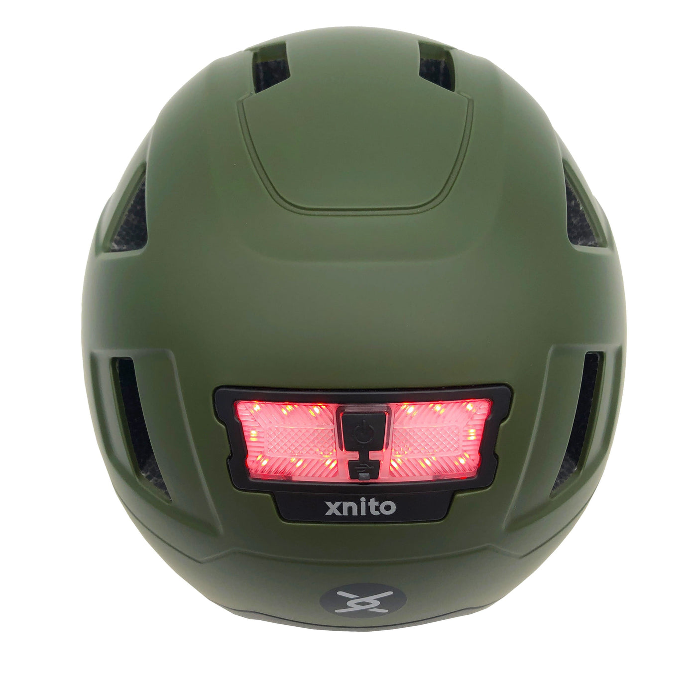 Rear view of a green XNITO e-bike helmet with an illuminated brake light, LED lights, and a black logo at the bottom, CPSC certified.