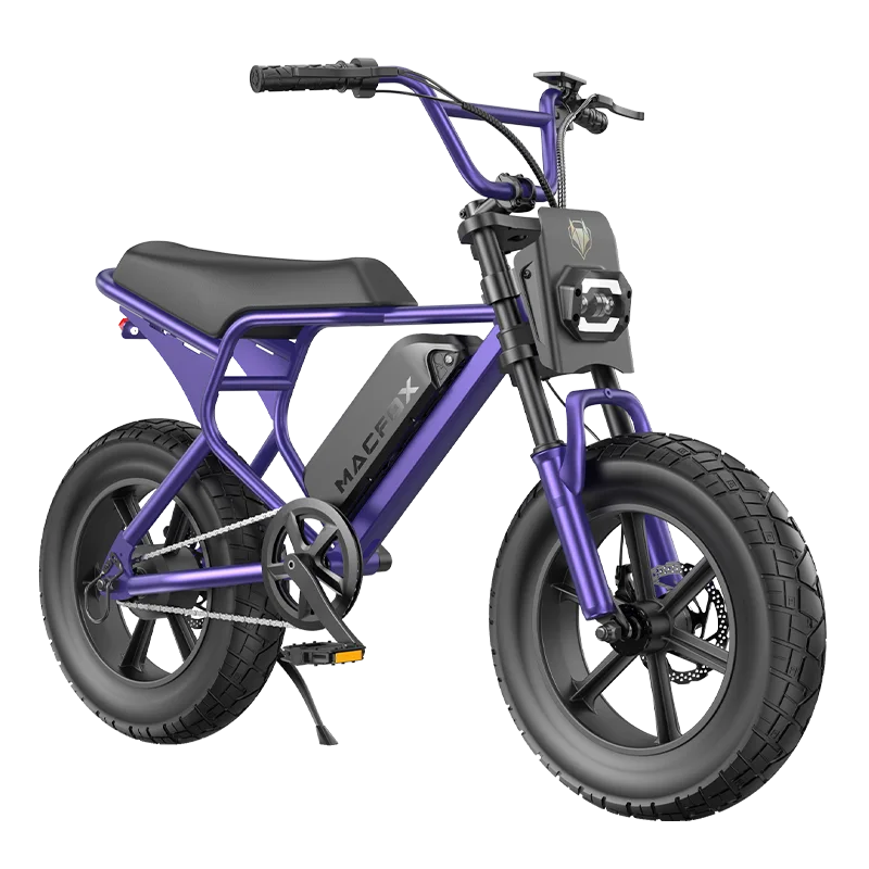 Purple Macfox - M16 fat tire eBike with a bench seat, high handlebars, and thick, treaded tires.