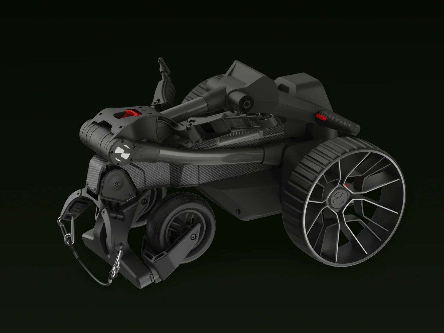 The Navee Birdie 3X by Navee is a compact black and gray electric golf push cart, featuring large rear wheels and a handle, folded neatly against a plain dark background.