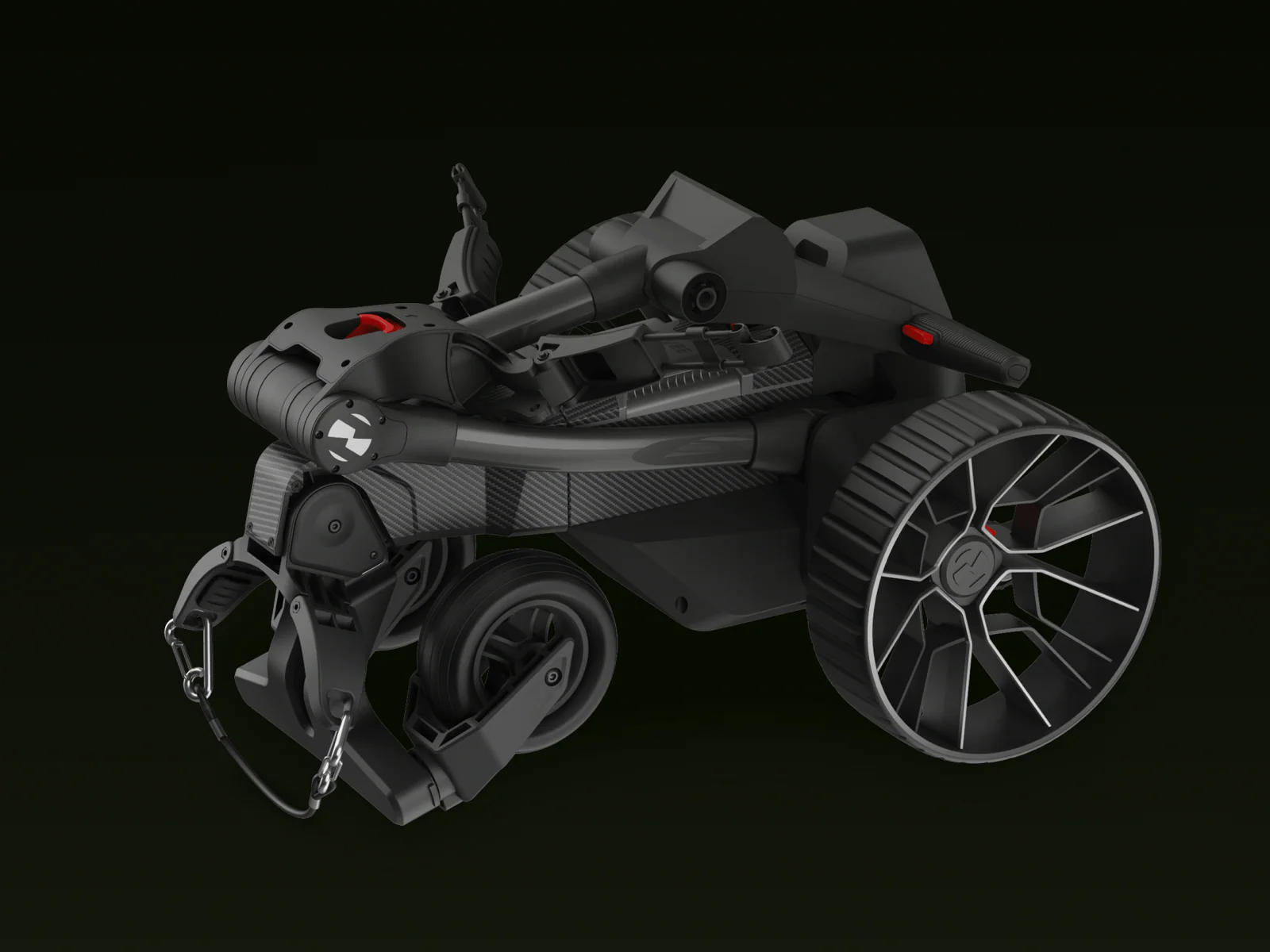 The Navee Birdie 3X by Navee is a compact black and gray electric golf push cart, featuring large rear wheels and a handle, folded neatly against a plain dark background.