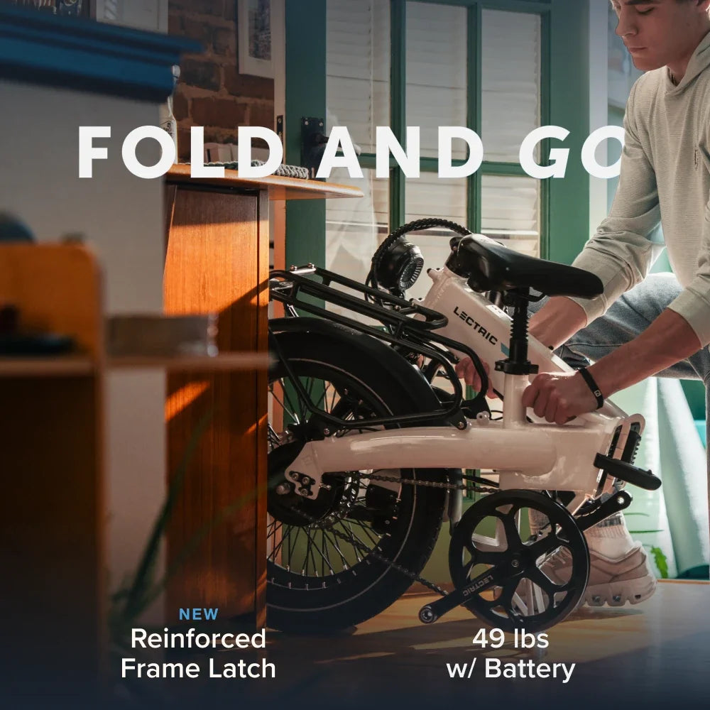 Lectric XP Lite3 Arctic White folded for storage at Tampa Bay eBikes