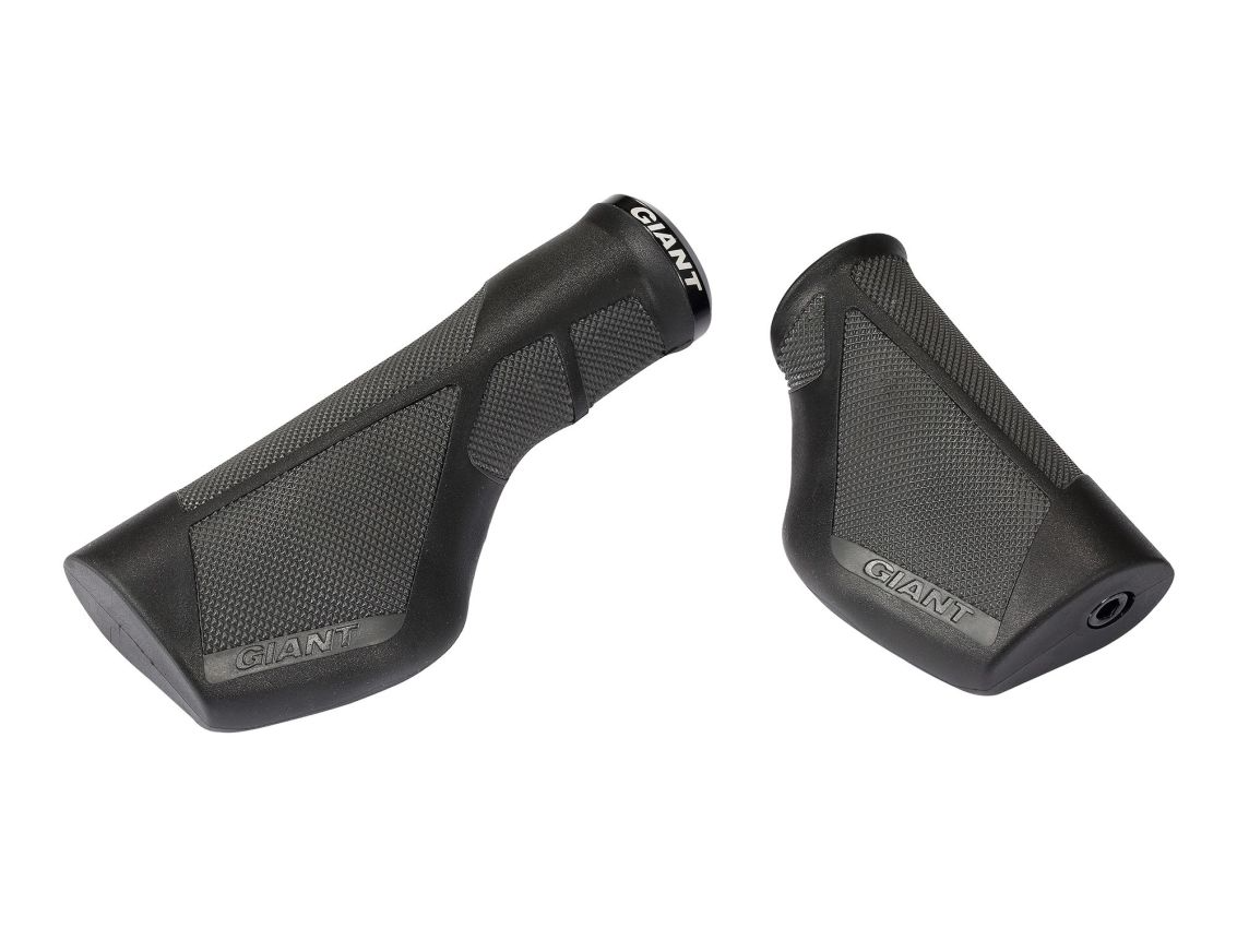 A pair of ergonomically designed black Giant Ergo Max Lock-On Gripshift Grips featuring lightweight aluminum for enhanced durability and vibration damping.