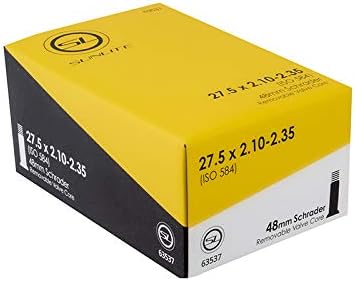 Image of a yellow and black box of 27.5 x 2.10-2.35 (ISO 584) bike inner tubes with a 48mm Schrader valve, by Tampa Bay eBikes, named Tube - 27.5x2.10 - 2.35.