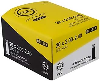 Image of a Tampa Bay eBikes Tube - 20x2.00 - 2.40 bicycle inner tube box. The box is yellow and black, indicating a 20 x 2.00-2.40 inch tube with a 35 mm Schrader valve.