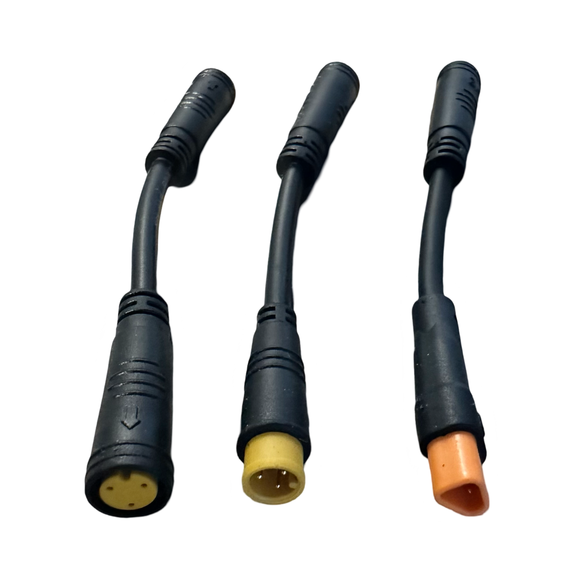 Three black ElectricAllWheel Universal Throttle Harness Kit cables (3-pin Julet M/F, 3-pin mini j, 3-pin mini Julet) in yellow, orange, and black are displayed side by side—ideal for E-Bike or PEV throttle replacement.