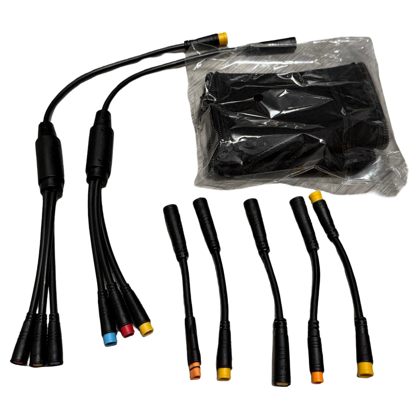 A set of ElectricAllWheel black wiring adapters with colored tips and connectors, including the Universal Throttle Harness (3-Pin) for e-bikes, accompanied by a sleek black rectangular pouch. Some items remain sealed in plastic packaging, all neatly arranged on a white background.
