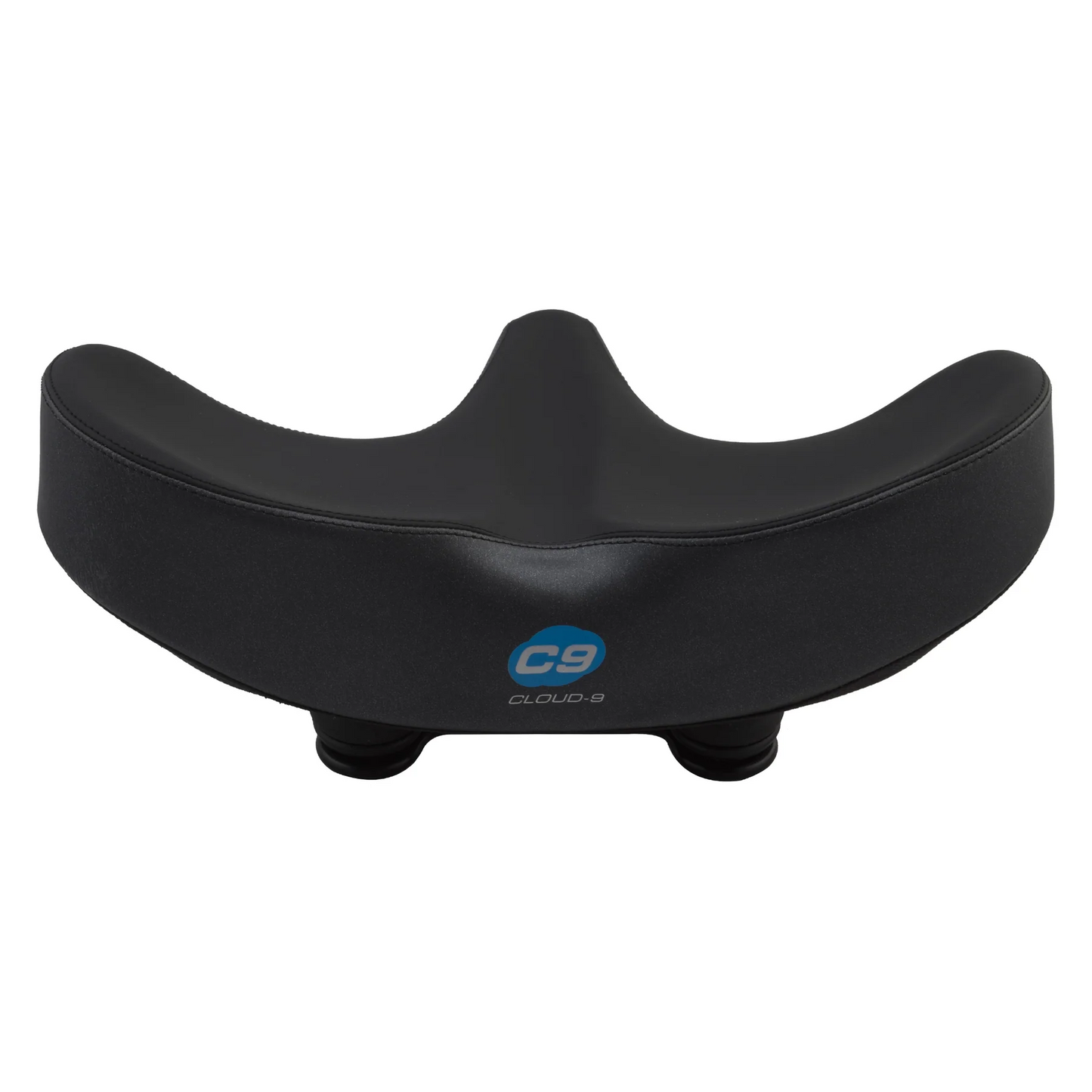 The CLOUD-9 Flex-Curve XL bike saddle features extra width, curved sides, a central groove, and blue CLOUD-9 branding on the front—engineered for comfort and lasting support on your ride.