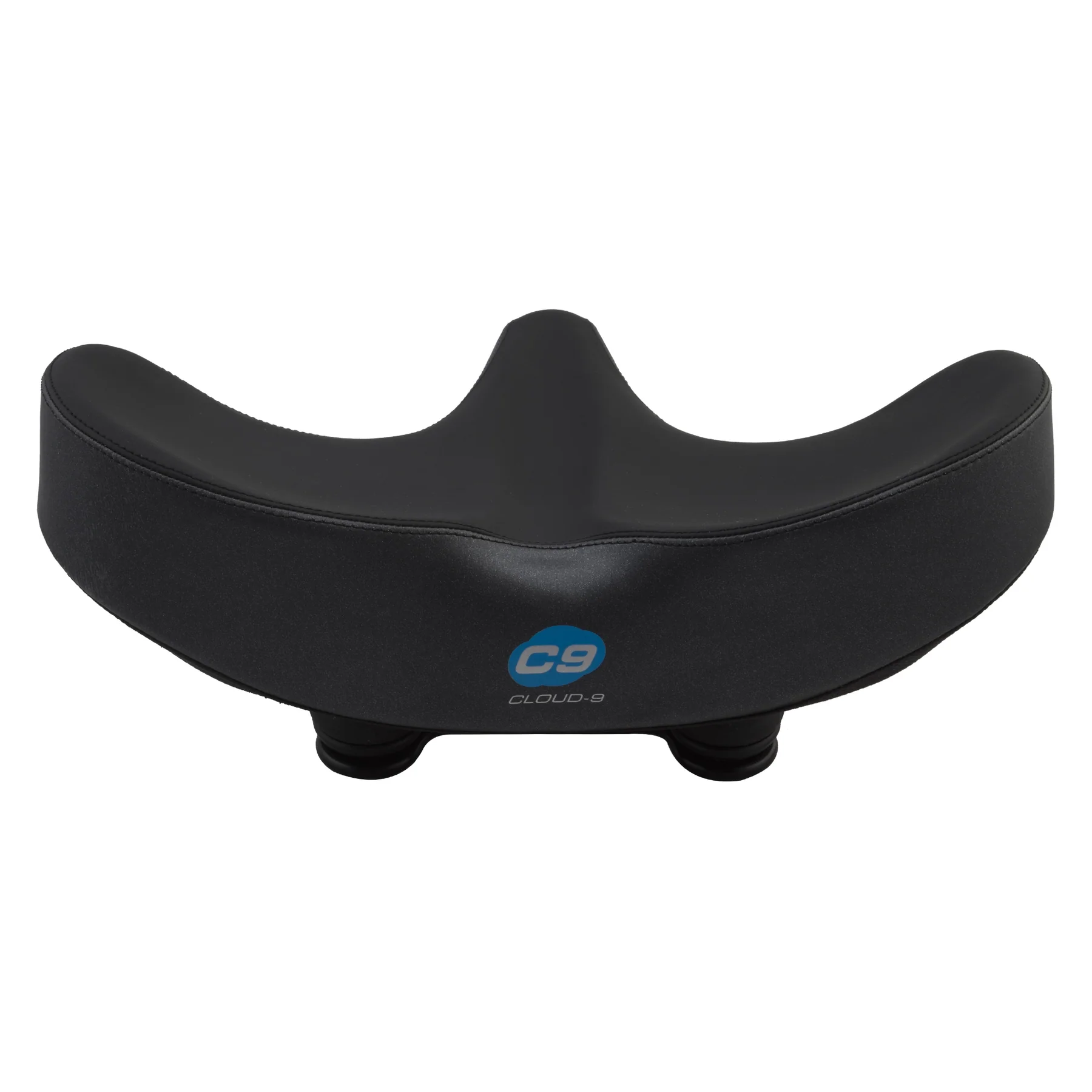 The CLOUD-9 Flex-Curve XL bike saddle features extra width, curved sides, a central groove, and blue CLOUD-9 branding on the front—engineered for comfort and lasting support on your ride.