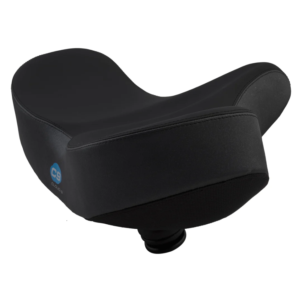 The CLOUD-9 Flex-Curve XL bike seat by CLOUD-9 features an extra-wide black design with thick cushioning and a C9 logo, offering enhanced comfort and superior support for your ride.