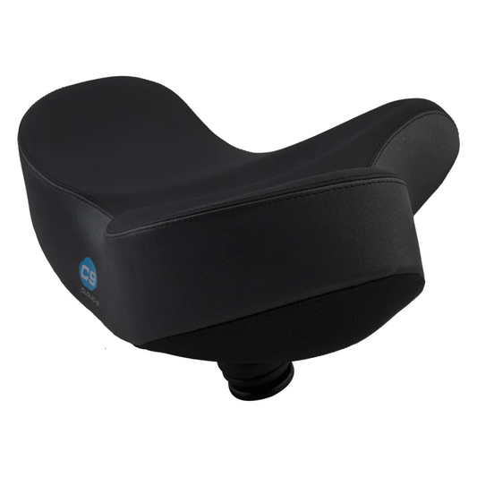 The CLOUD-9 Flex-Curve XL bike seat by CLOUD-9 features an extra-wide black design with thick cushioning and a C9 logo, offering enhanced comfort and superior support for your ride.