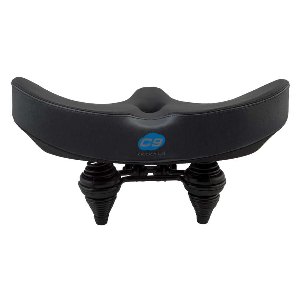 CLOUD-9 Flex-Curve XL Airflow comfort bike seat features dual spring suspension, extra-wide cushioned surface with airflow technology, and a CLOUD-9 logo on the back.