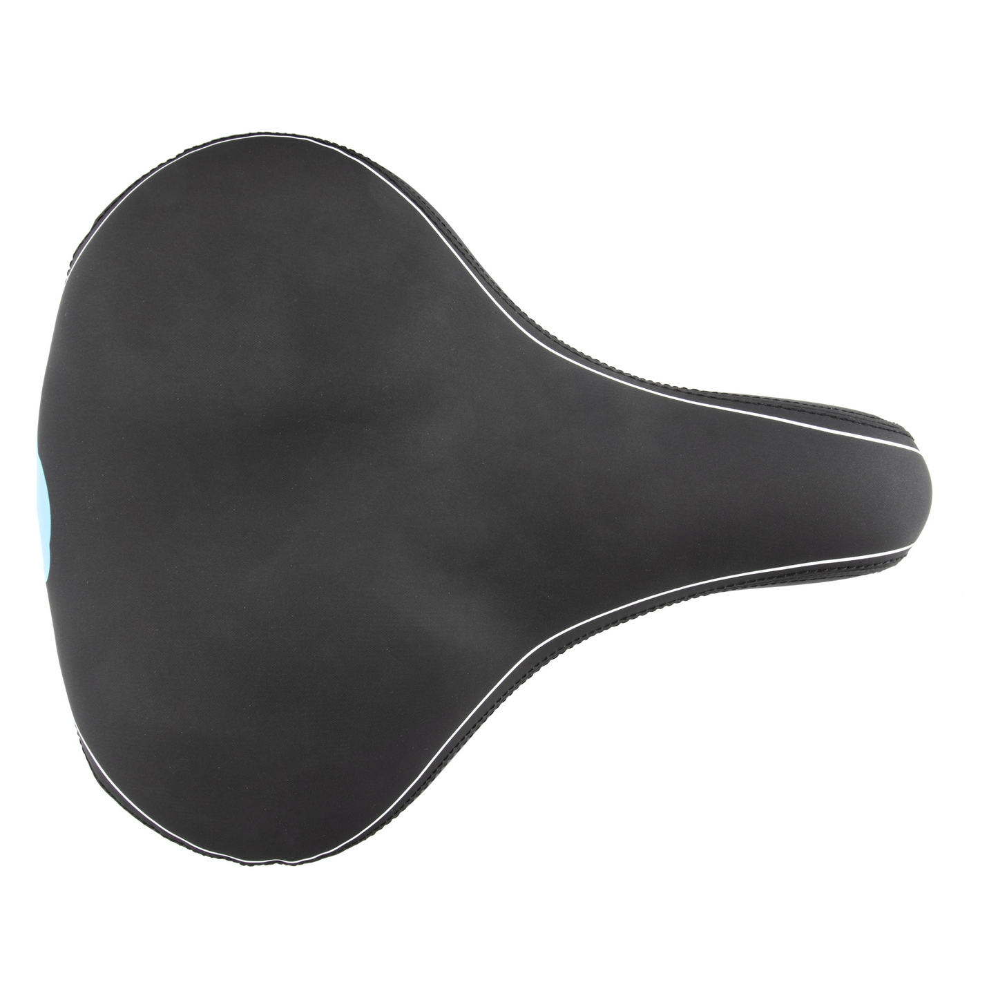 A black CLOUD-9 Cruiser Select bicycle seat with a blue trim, featuring an Anatomic relief design and Soft Touch Vinyl cover.